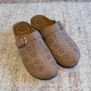 Women's Taupe Slip-On Clog Mules with Perforated Floral Detail